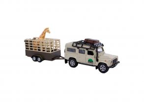 Kids Globe - Land Rover öntvényből, zsiráfot tartalmazó ketreces utánfutóval, 29 cm